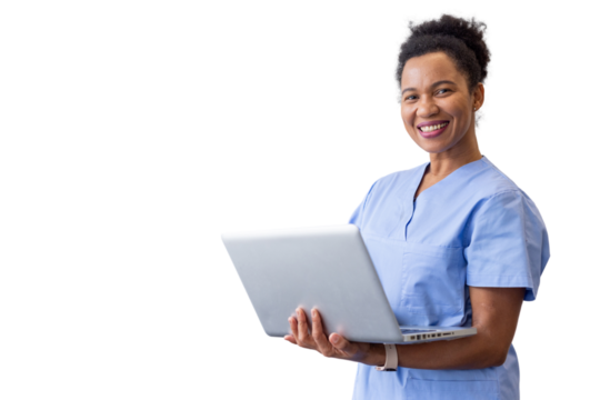 Skilled nurse balancing a laptop while working