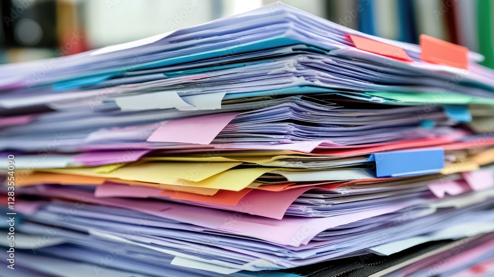 Poster stack of printed reports with pie charts and bar graphs summarizing market analysis insights, no peo