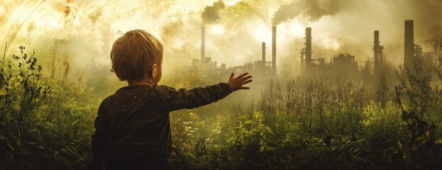 Child reaching towards polluting factory; environmental impact
