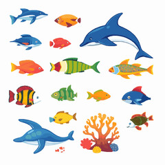 Marine Life Icon Set, Fish, Dolphin, Whale, Turtle, Coral Reef, Vibrant High Quality Vector Illustration