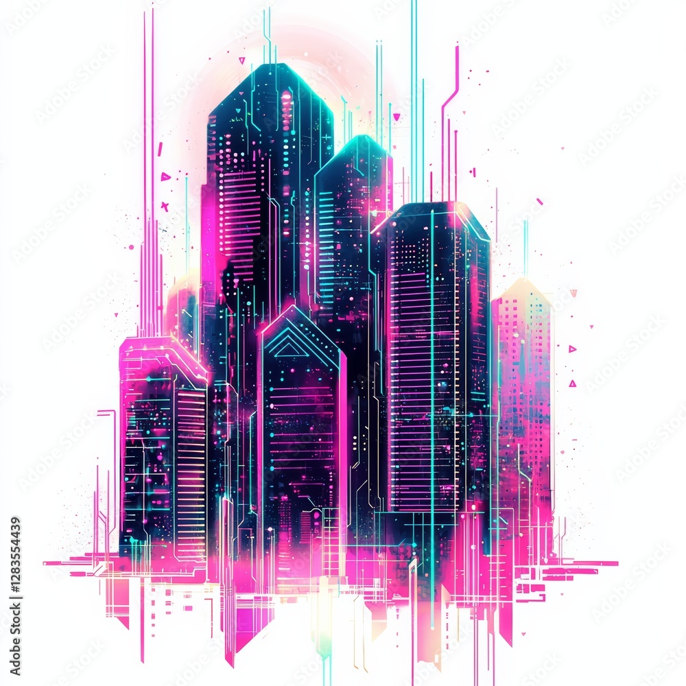 Poster cyber city: an imaginative rendering of a futuristic cityscape. illuminated with vibrant pink and cy