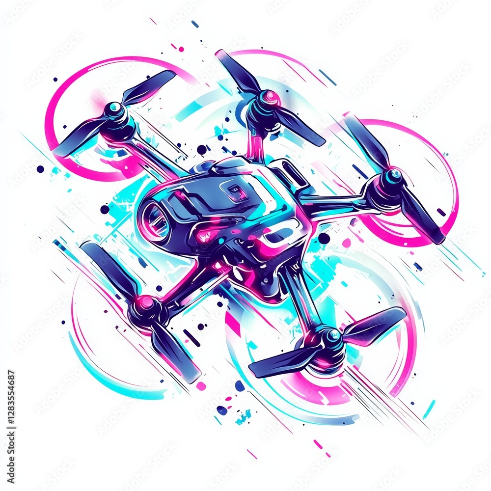 Poster soaring tech: a modern drone, showcasing sleek lines and high-tech design, soars through an artistic