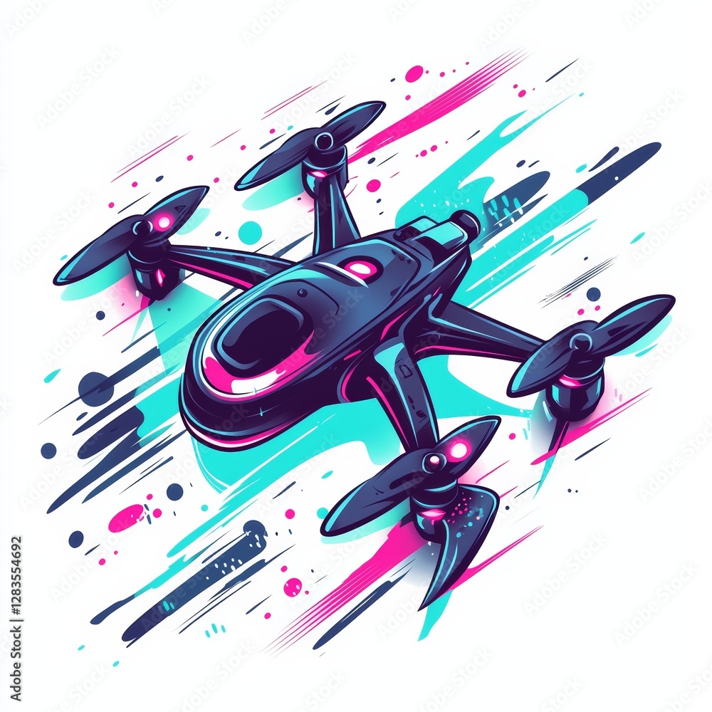 Poster drone in the sky: a dynamic, futuristic drone soars against a backdrop of vibrant colors and motion 