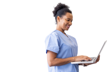 Smart nurse analyzing test results on a portable laptop