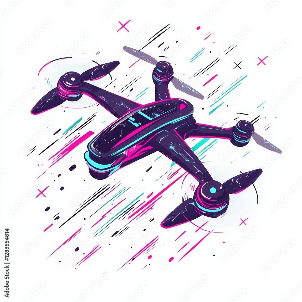 Poster drone in motion: capturing the essence of flight, a drone is artfully illustrated with dynamic strok