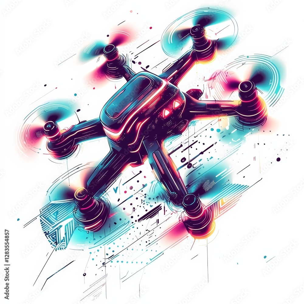 Poster soaring technological marvel: the intricate design of a drone captured against a backdrop of dynamic