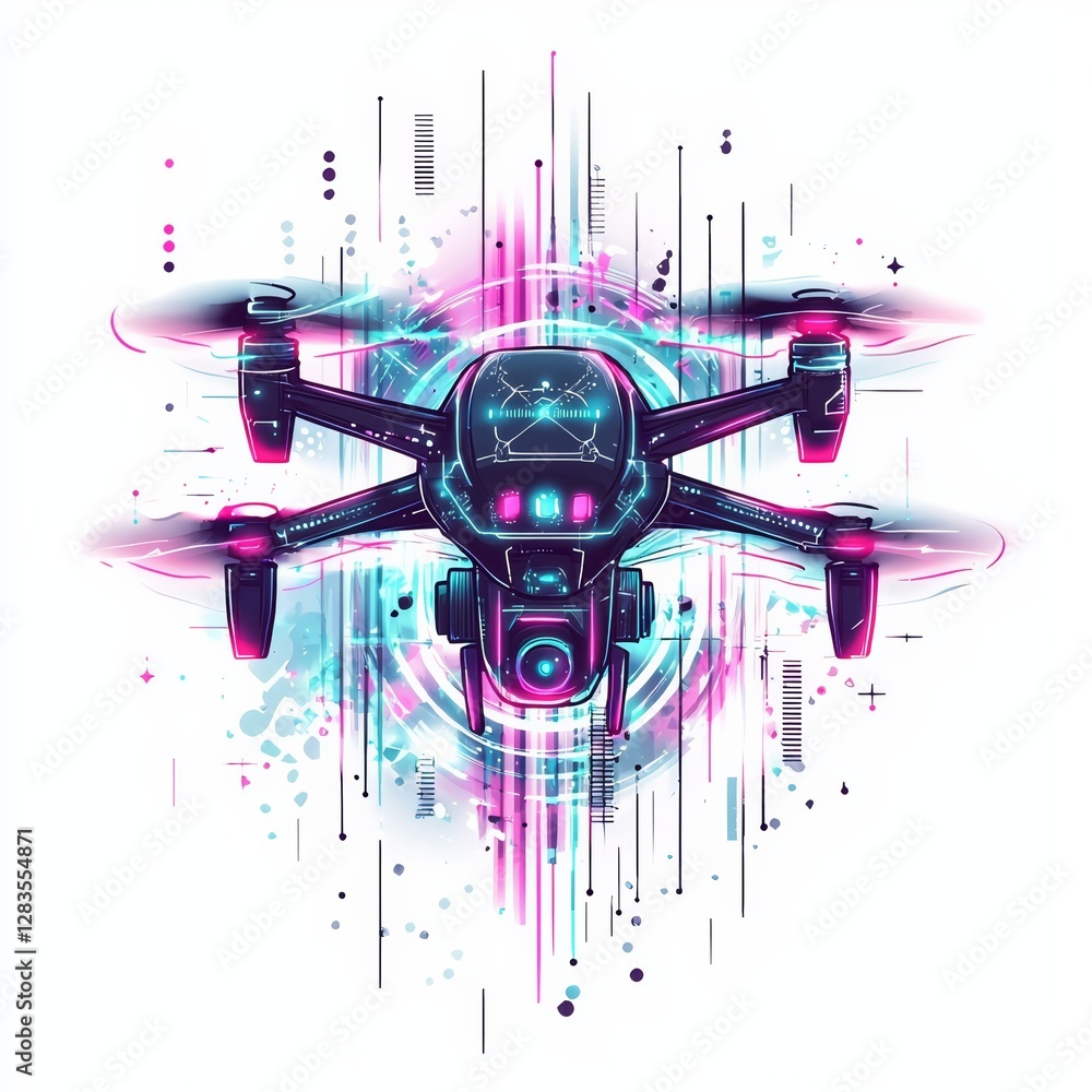 Poster futuristic drone: a high-tech, stylized illustration of a drone, radiating an aura of innovation and