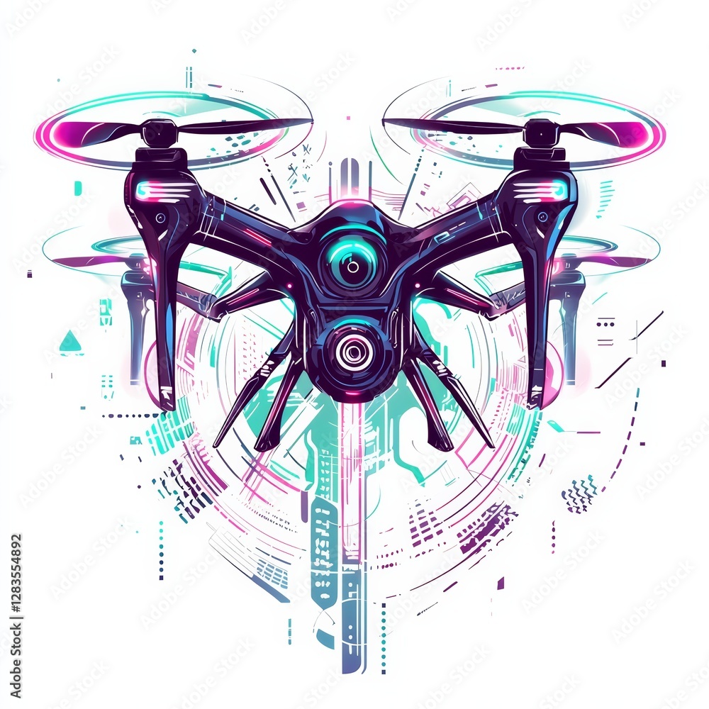 Poster futuristic drone with integrated cameras: a high-tech drone, equipped with multiple cameras and sens