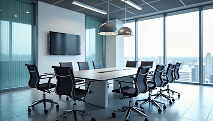 Empty boardroom with large table and rolling chairs, bright daylight through glass walls, ready for meetings