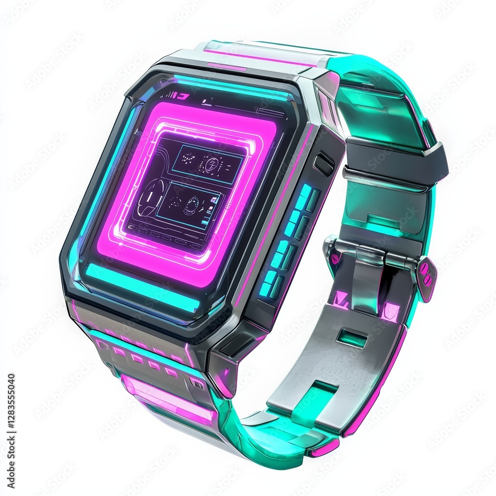 Poster future tech: a close-up view of a futuristic smartwatch with a high-tech, holographic display. the s