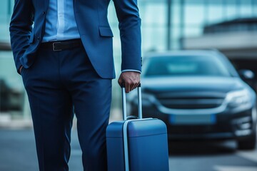 man in a jacket with luggage in front of a car