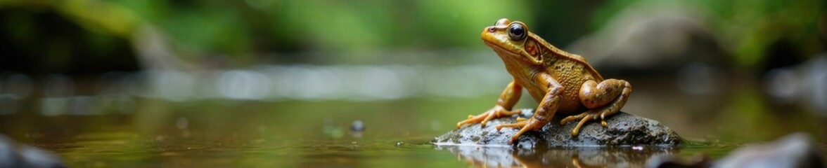 Fototapeta premium Frog taking a mud bath on a rock in a forest stream, natural, forest, stream