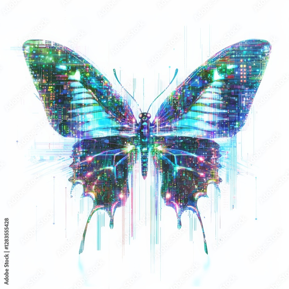 Poster digital metamorphosis: the image presents a radiant butterfly formed from intricate digital data, sy