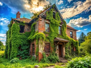 Fototapeta premium Derelict House, Crumbling Walls, Overgrown Ruins, Decaying Structure, Abandoned Building Stock Photo