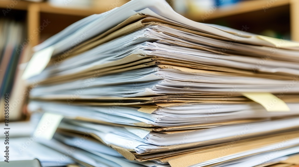 Poster stack of printed reports with pie charts and bar graphs summarizing market analysis insights, no peo