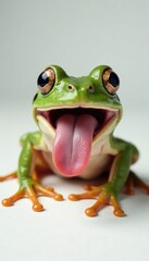 Obraz premium Frog with large tongue sticking out of mouth resting on a clean white surface, frog legs, animal behavior, animals