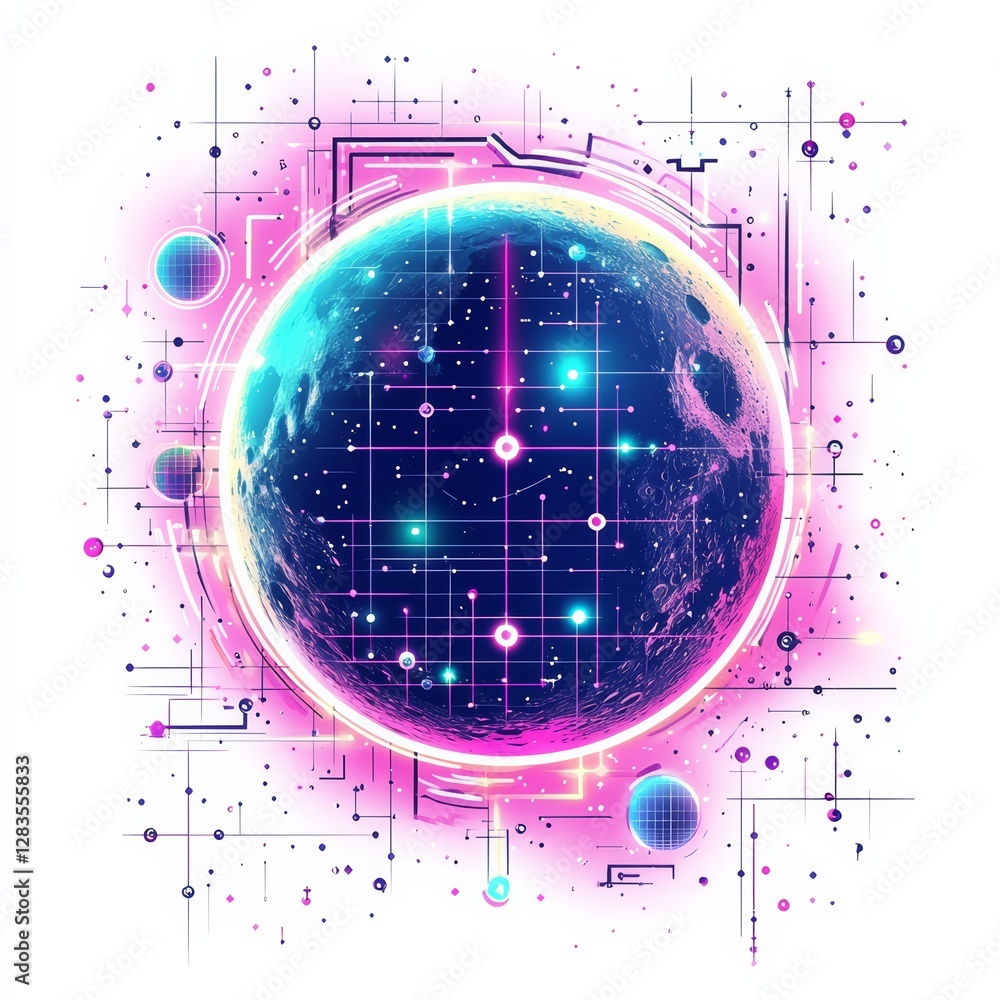 Poster cyber world: an intricately rendered digital artwork showcasing a radiant globe embraced by an illum