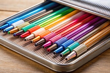 Fototapeta premium Elegant Fineliner Pen Set in Protective Case, Stationery Supplies, Office Essentials
