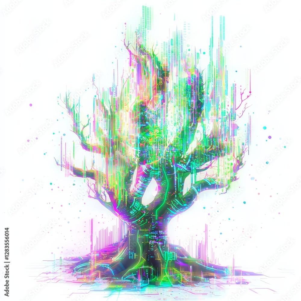 Poster digital tree: an artistic rendering of a tree with digital components, showing a fusion of technolog