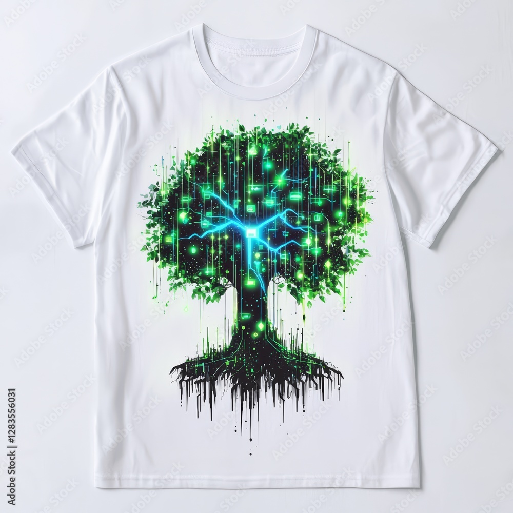 Poster digital ecosystems: an artistic depiction of a tree blossoming with digital data streams and glowing