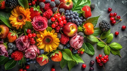 Gray Background Floral Still Life: Delicate Flowers, Lush Leaves & Berries