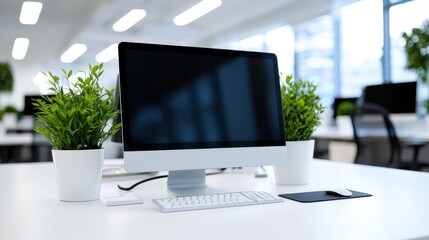 Fototapeta premium Modern Office Workspace with Computer & Plants