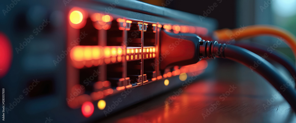 Poster close-up illustration of network switch with cables plugged in. ports glow with red light. device us