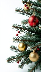 Frosty christmas tree branch with gold ornaments and berries isolated on white background, White Background, Isolated, Winter Background