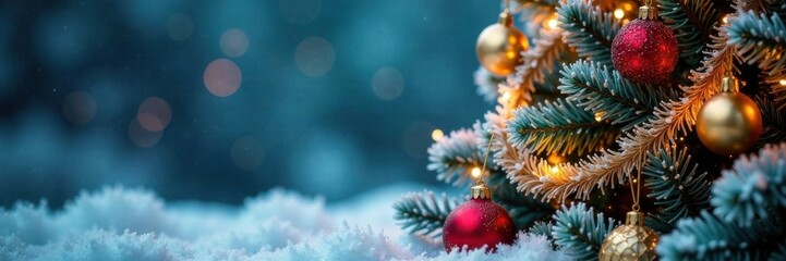 Frosty Christmas tree with ornaments and garlands, branches, decorations, ornaments