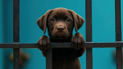 Adorable Chocolate Labrador Puppy Behind Bars