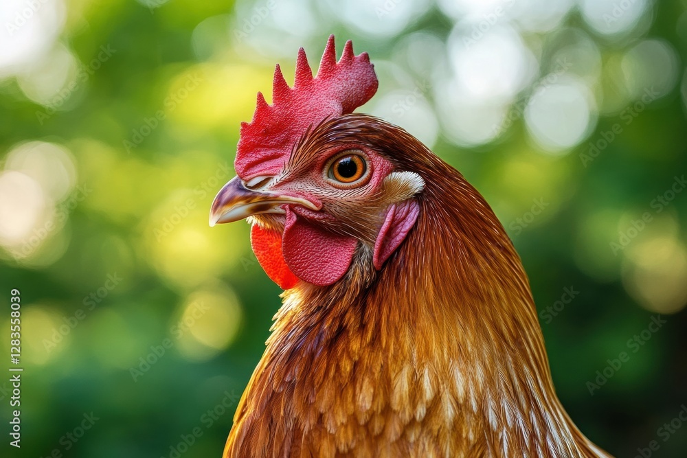Poster beautiful close up of a hen with vibrant feathers in a natural outdoor setting during daylight. gene