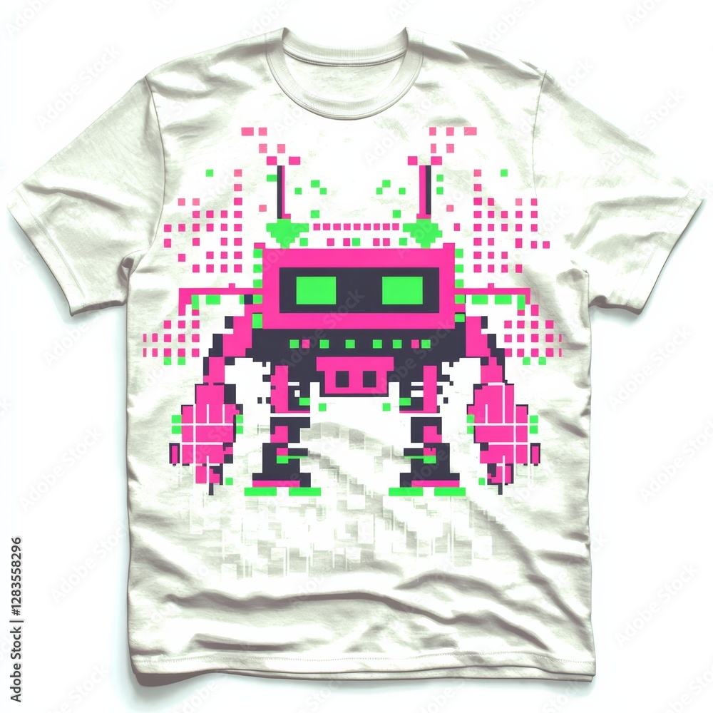 Poster retro robot tee: a quirky retro-style t-shirt design features a pixelated robot, showcasing a vibran