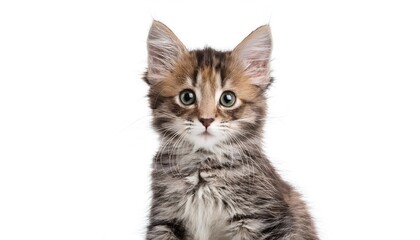 Obraz premium A charming funny kitten stares with captivating eyes against a clean white background. This image captures the innocence and curiosity of a young feline, perfect for cat lovers