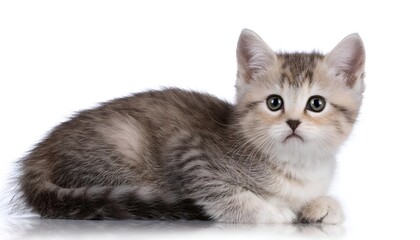 Obraz premium A charming funny kitten stares with captivating eyes against a clean white background. This image captures the innocence and curiosity of a young feline, perfect for cat lovers