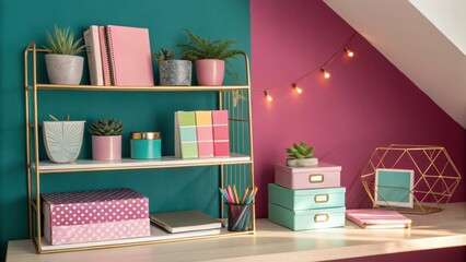 A brightly lit office shelf against a backdrop of deep teal and magenta