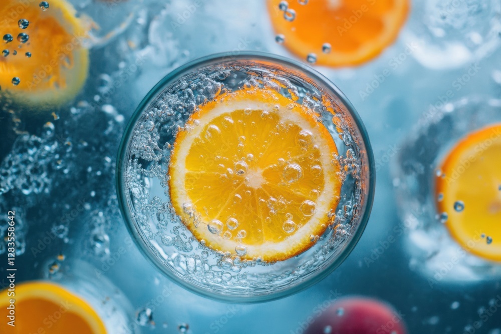 Poster Slices of orange floating in sparkling water with bubbles creating a refreshing drink experience. Generative AI