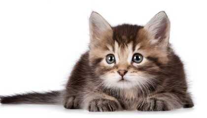 Obraz premium A charming kitten stares with captivating eyes against a clean white background. This image captures the innocence and curiosity of a young feline, perfect for cat lovers