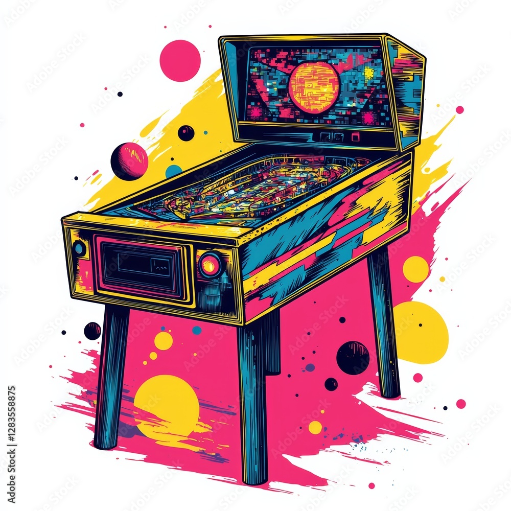 Poster pinball machine retro vibes: a vibrant pinball machine illustration explodes with color, evoking nos