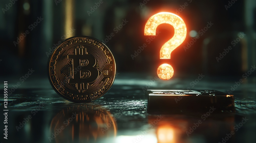Poster exploring the mystery of cryptocurrency in a darkened environment with a bitcoin symbol and a glowin
