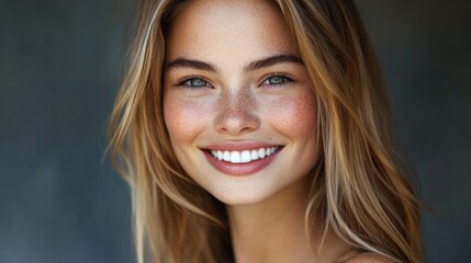 Fototapeta premium A young woman with long, wavy hair smiles warmly, showcasing healthy skin and bright eyes against a soft, blurred background.
