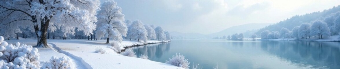 Obraz premium Frosty landscape with snow-covered trees and a frozen lake, winter, serene, snow