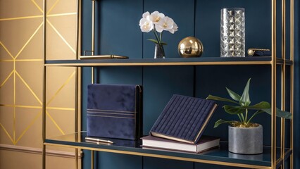 A sophisticated office shelf set against a gradient background of deep navy and gold