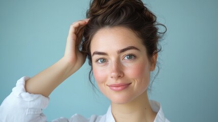Fototapeta premium A smiling young woman with a bun hairstyle, wearing a white shirt, poses against a soft blue background, radiating positivity and confidence.