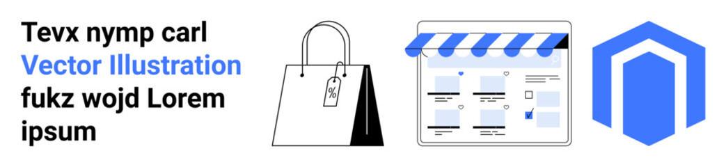 Shopping bag with a price tag, website interface with storefront design elements, hexagonal logo icon. Ideal for e-commerce, online stores, shopping apps, digital marketing, retail businesses