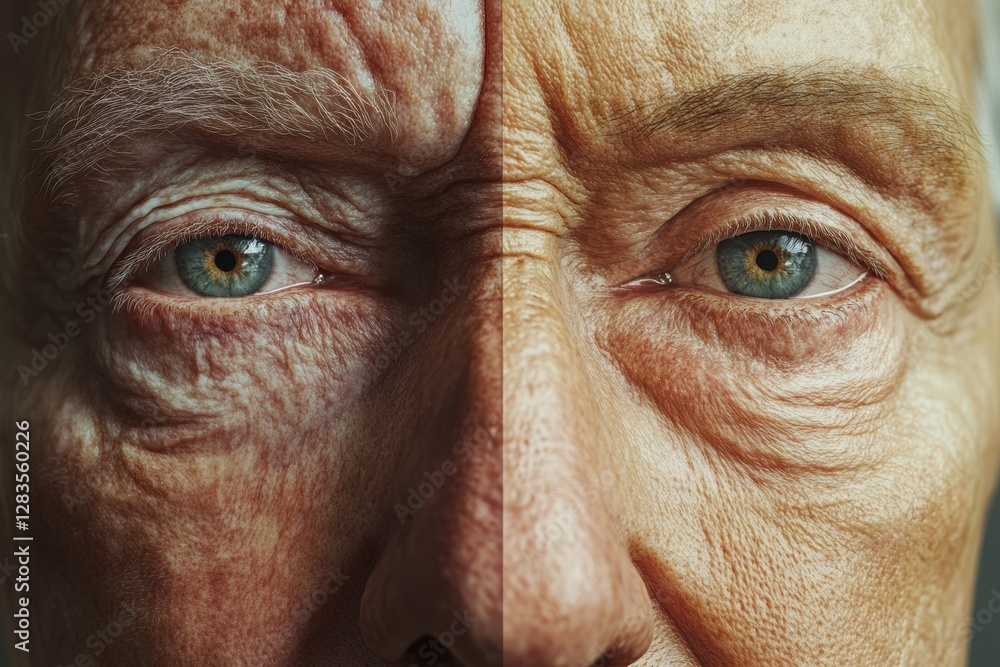 Leinwandbilder exploring the contrast of aging with a focus on wrinkles and youthful skin across a split portrait. 