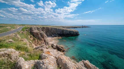 Obraz premium Coastal Road and Turquoise Sea: Sunny Day Landscape