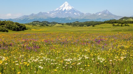 Fototapeta premium Vibrant wildflowers bloom in a lush green meadow with a snow-capped volcanic mountain peak rising under a clear blue sky.