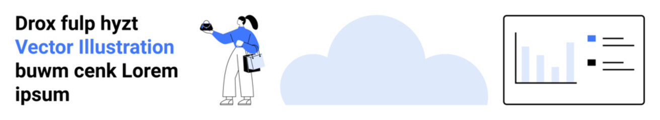 Woman presenting data with clipboard and pie chart, cloud behind, data graph nearby. Ideal for business, cloud computing, analytics, presentation, teamwork, education flat landing page banner