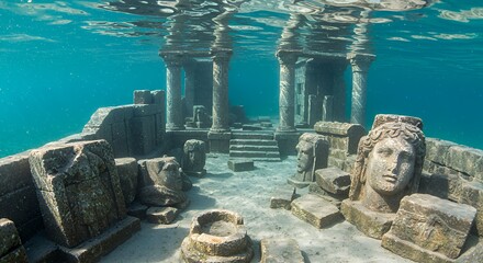 Underwater Ancient City Ruins with Stone Sculptures and Architectural Columns