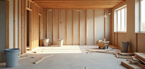 Room interior construction with wooden frames, cement walls, buckets, wooden planks, wheelbarrow. Apartment renovation project showing building process. Housing improvement, refurbishment, remodel,